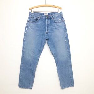 AGold E button fly, distressed, relaxed, jeans